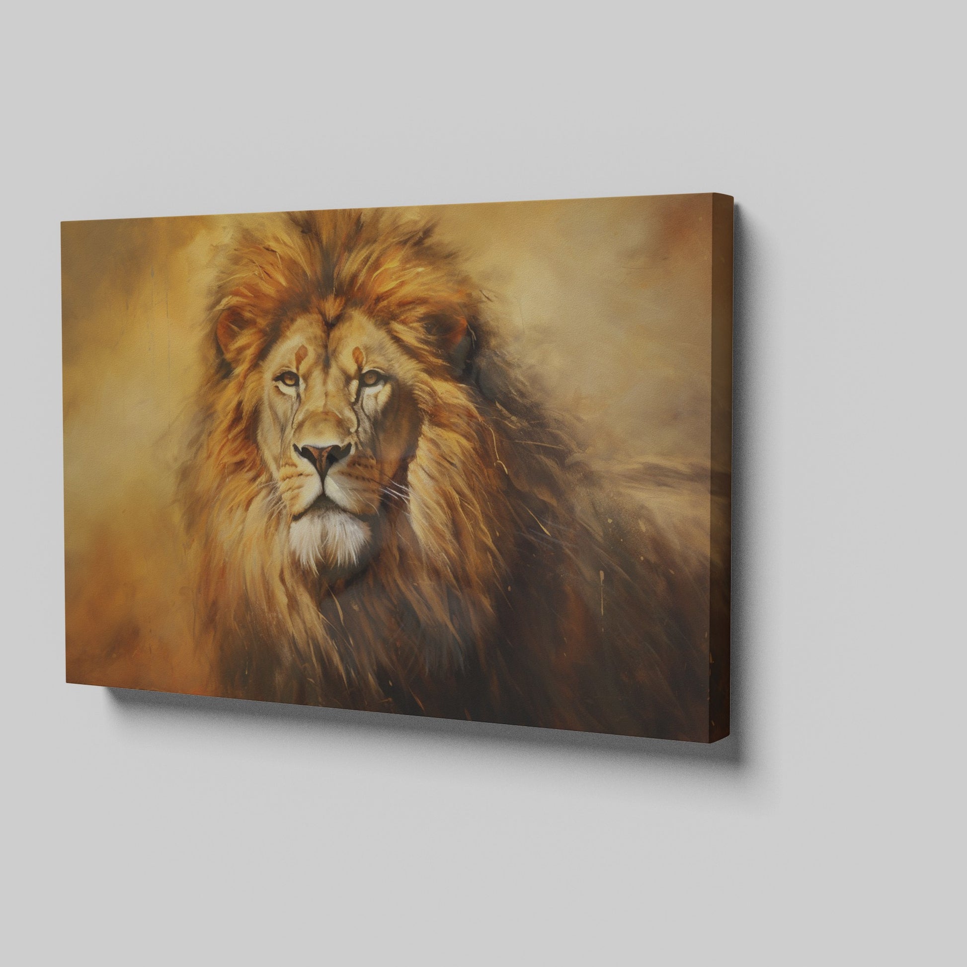 Framed canvas print of a majestic lion portrait with a warm golden colour scheme