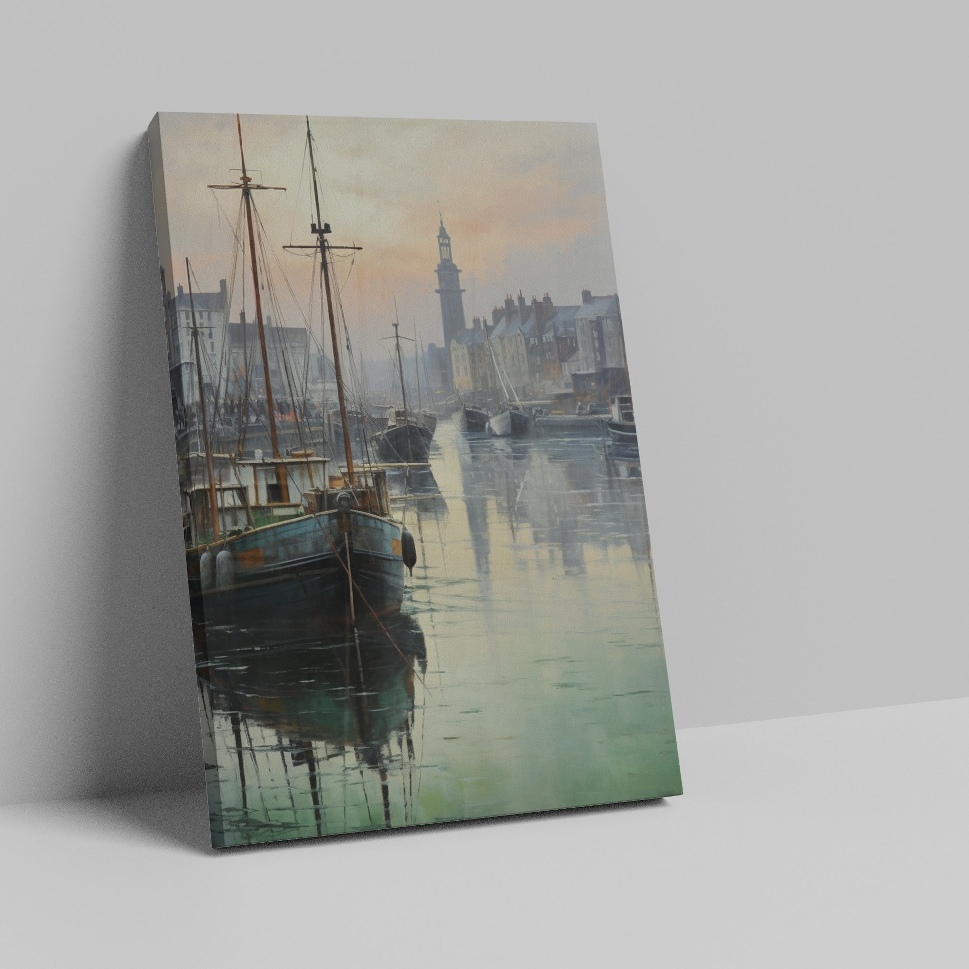 Framed canvas print of a serene harbour scene with sailing boats and a historic lighthouse at dawn