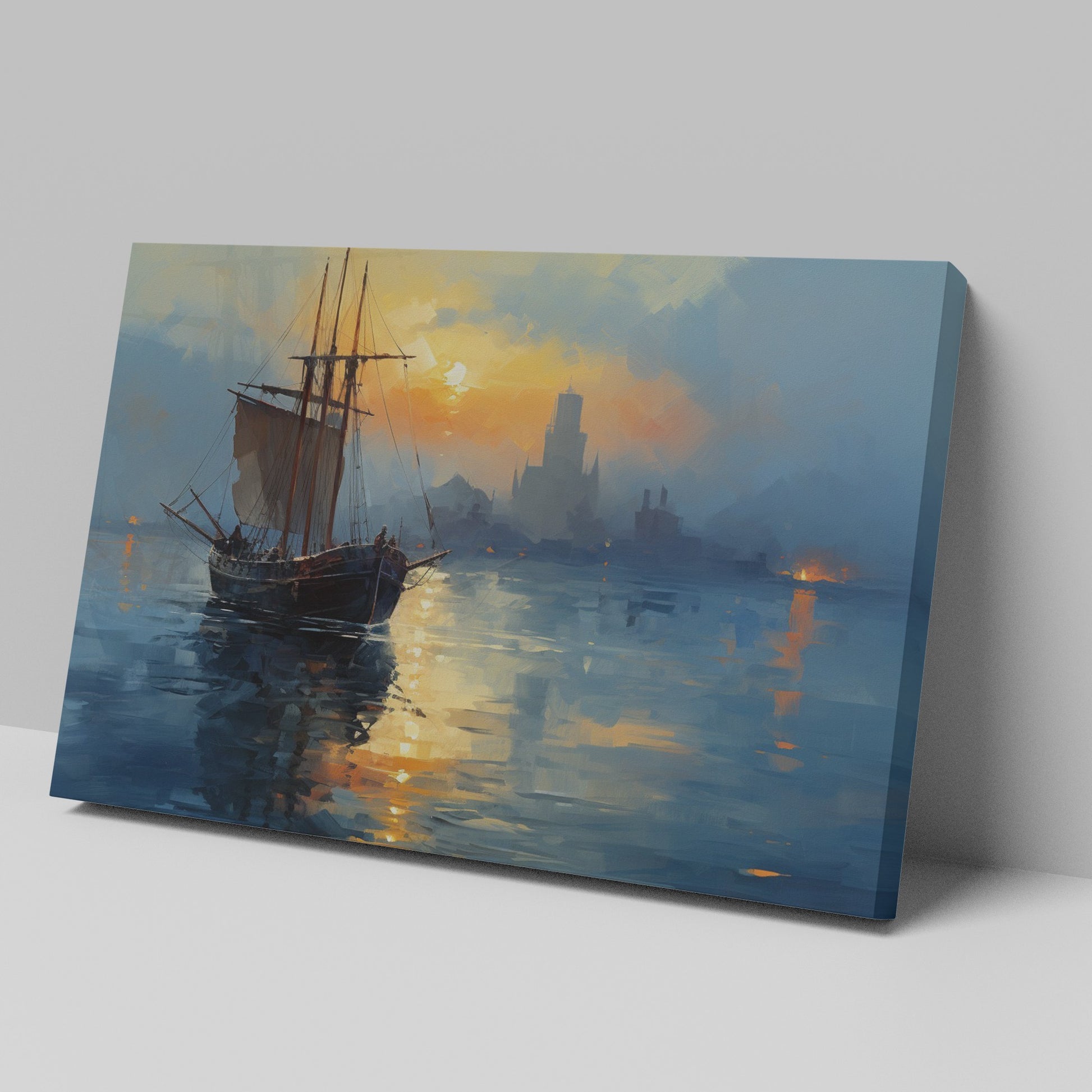 Impressionist Canvas Print of a Sailing Ship at Sunset with Golden and Blue Hues