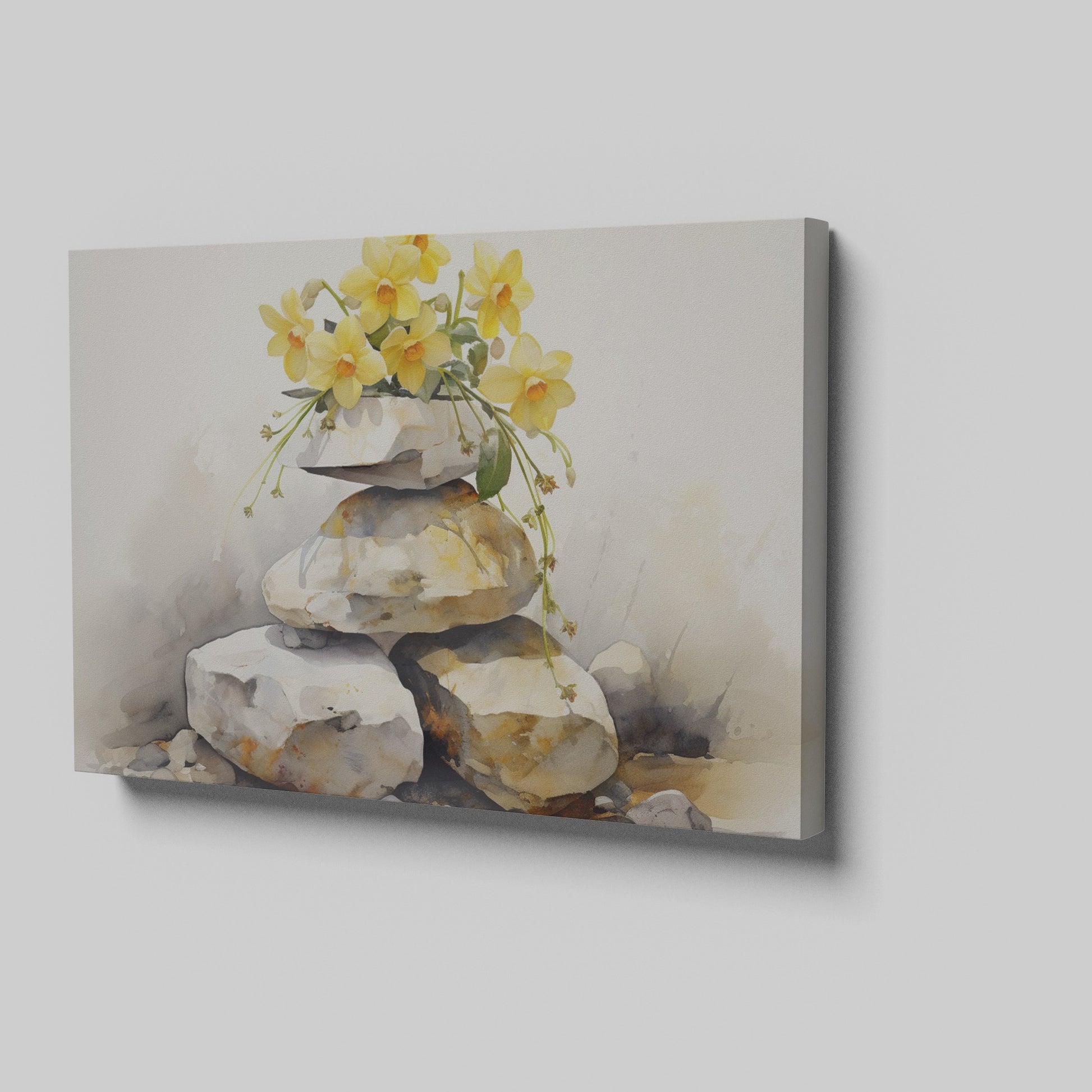 Framed canvas print of a Zen garden scene with watercoloured flowers and stones