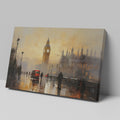 Framed canvas print of London's Big Ben and red buses in an abstract impressionist style with warm golden colours