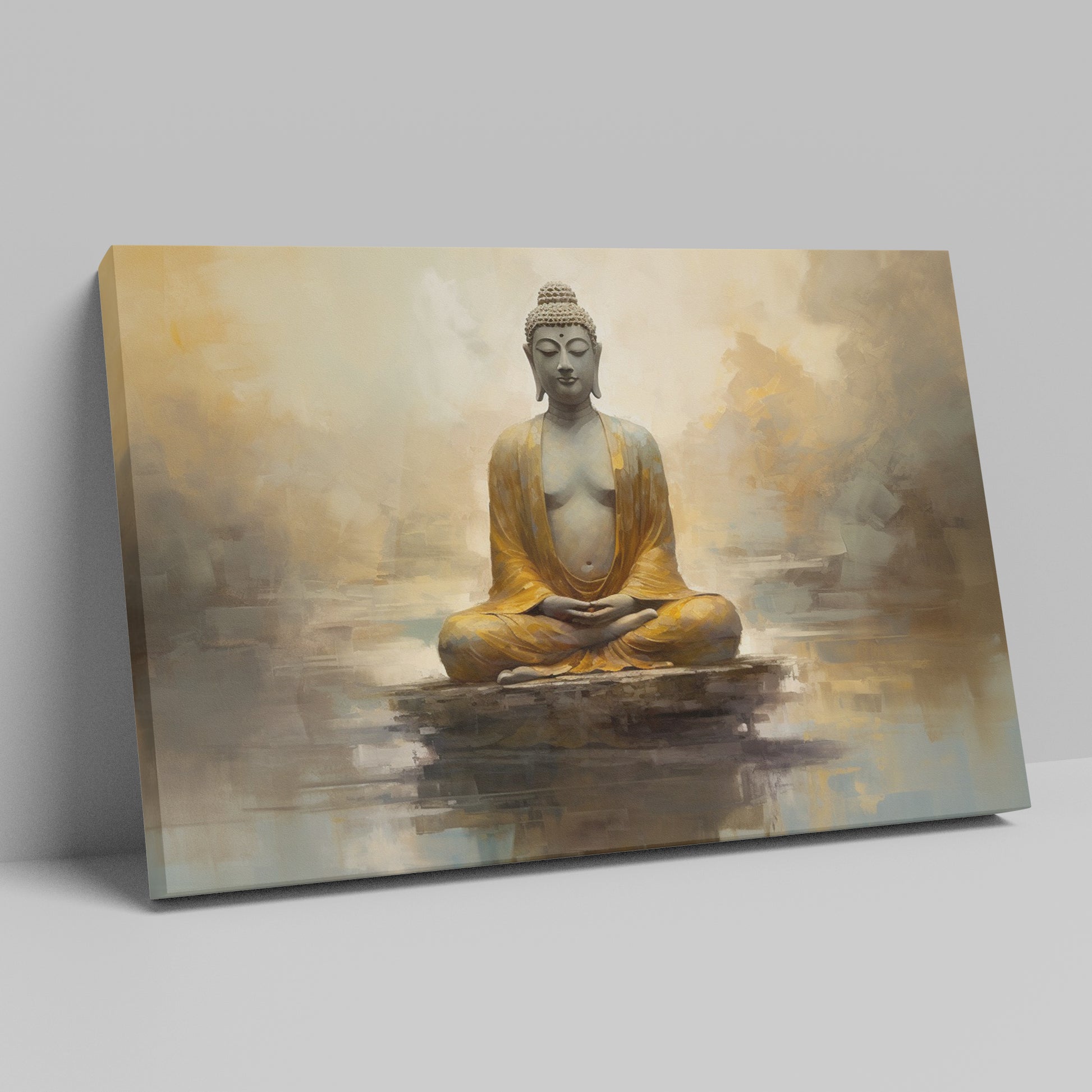 Framed canvas print of a serene Golden Buddha statue with abstract background