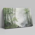 Framed canvas print of a misty bamboo forest in watercolour style with green and grey hues