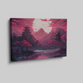 Framed canvas print of Oriental landscape with pagodas, cherry blossoms, and a full moon