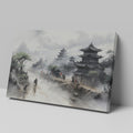 Framed canvas print of a mist-covered ancient Chinese scene with pagodas and figures