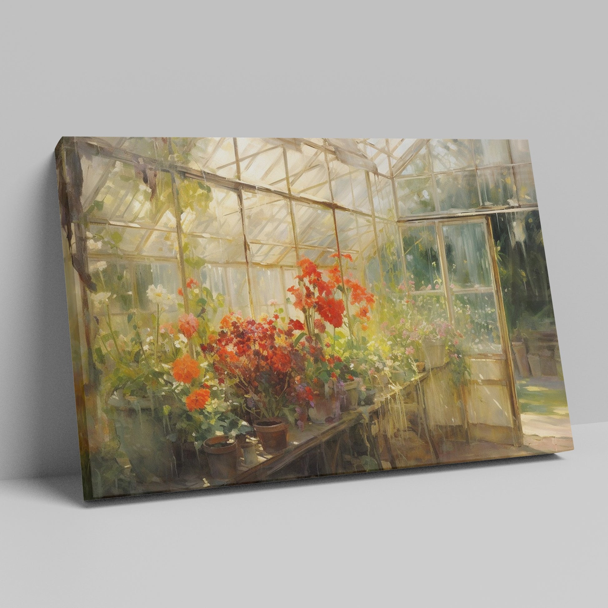 Framed canvas print of a vibrant greenhouse scene with blooming flowers and sunlit warmth