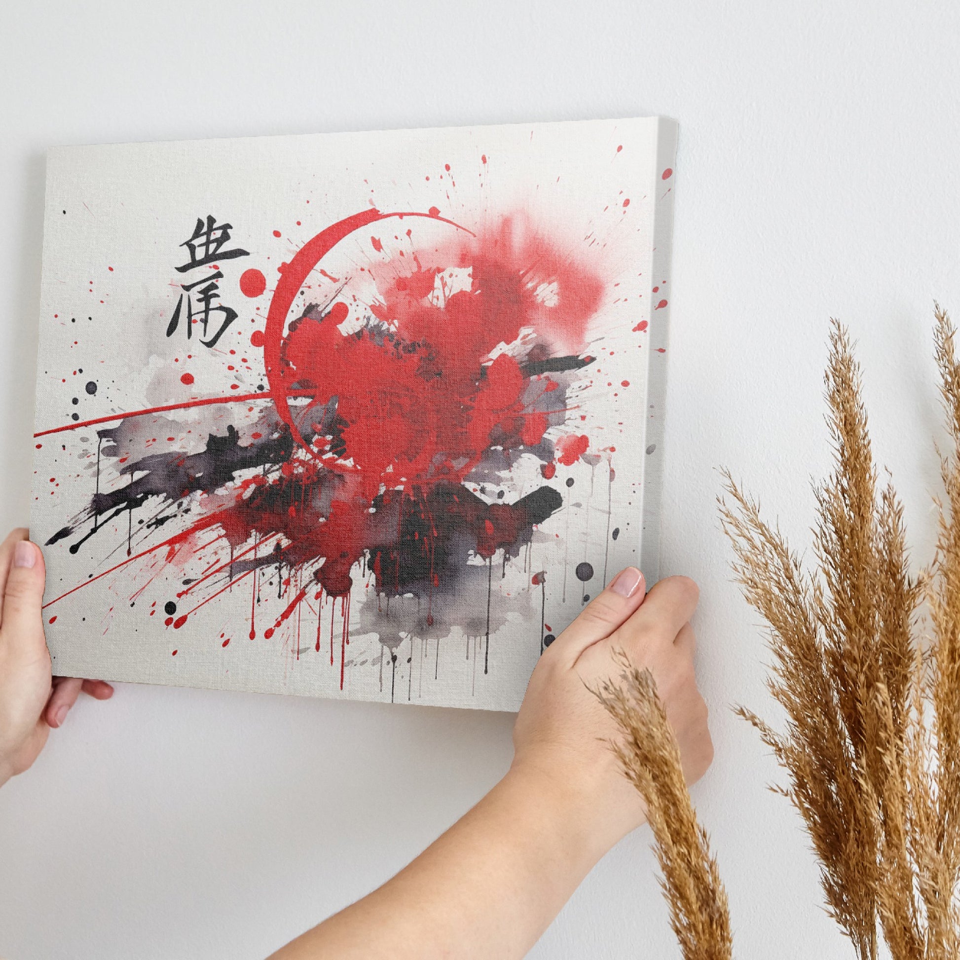 Framed canvas print of abstract red and black ink splash with oriental calligraphy