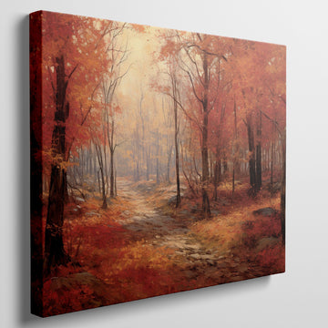 Framed canvas print of an impressionist autumn forest with vibrant red and orange leaves and a misty pathway