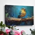 Framed canvas print of a vibrant blue and golden bird on branch with impasto texture