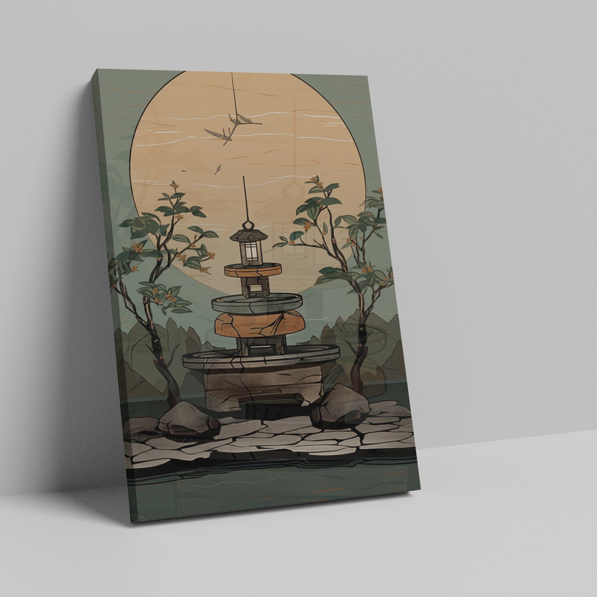 Artwork of a Zen garden at sunset with a stone lantern and flying birds against a large sun.