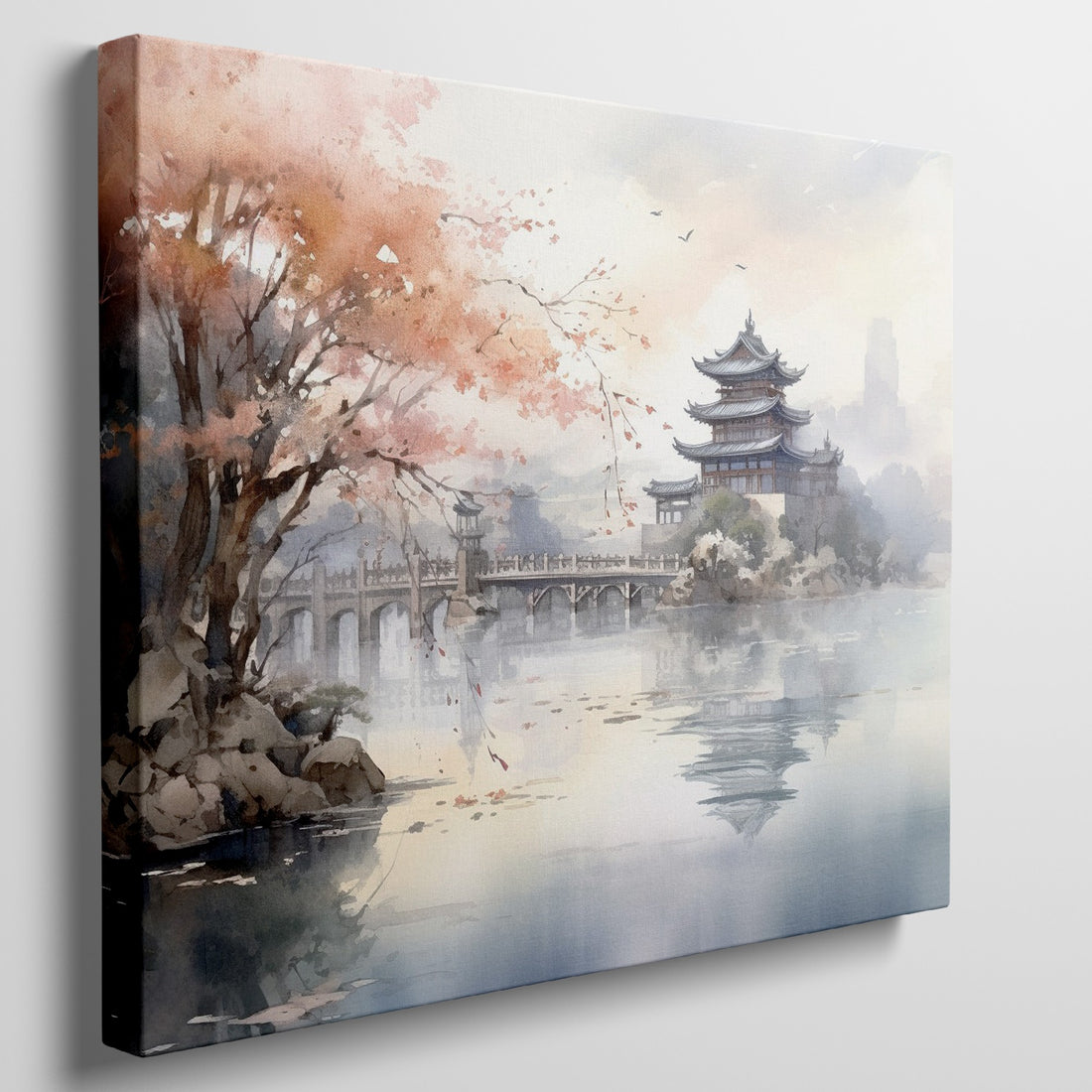 Framed canvas print depicting an autumnal Oriental scene with a pagoda and misty lake