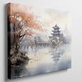 Framed canvas print depicting an autumnal Oriental scene with a pagoda and misty lake