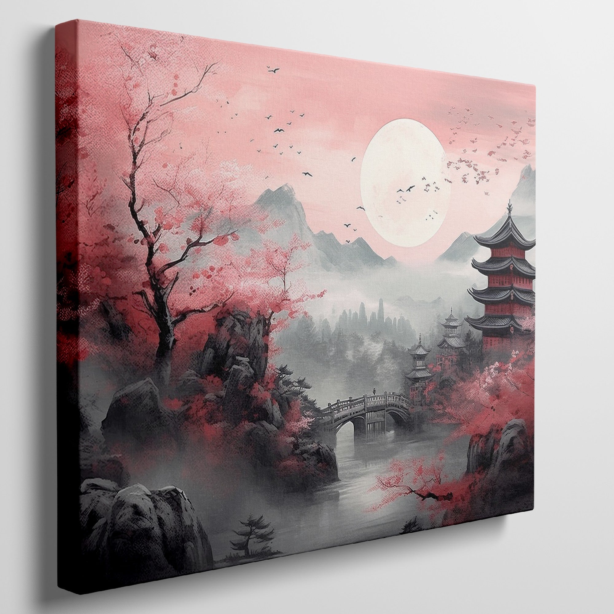 Framed canvas print of Oriental landscape with cherry blossoms and pagodas under a full moon