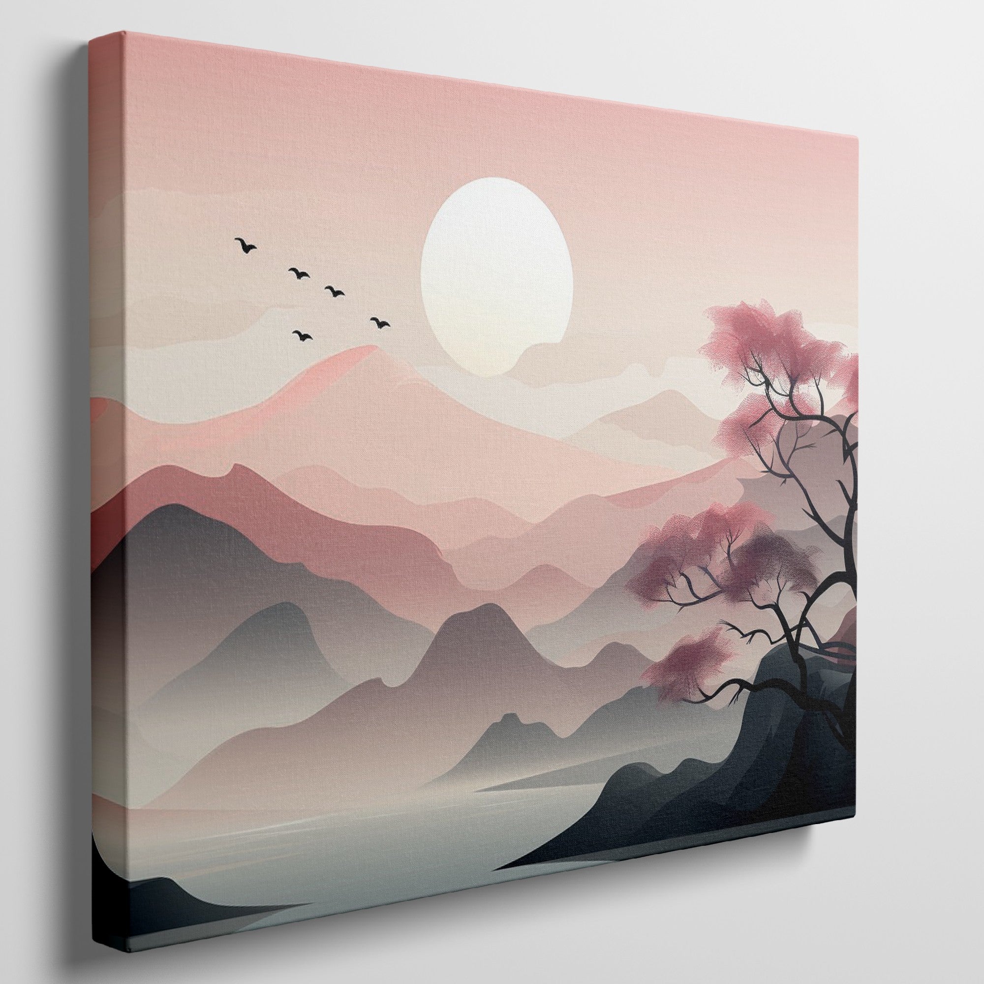 Framed canvas print of a tranquil pink sunrise over mountains with a reflective lake and silhouette of a tree