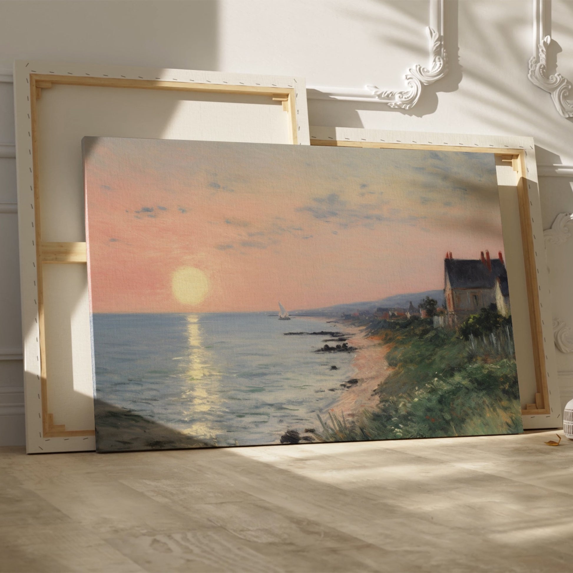 Framed canvas print of an Impressionist seascape with a sunset over the ocean and coastal village