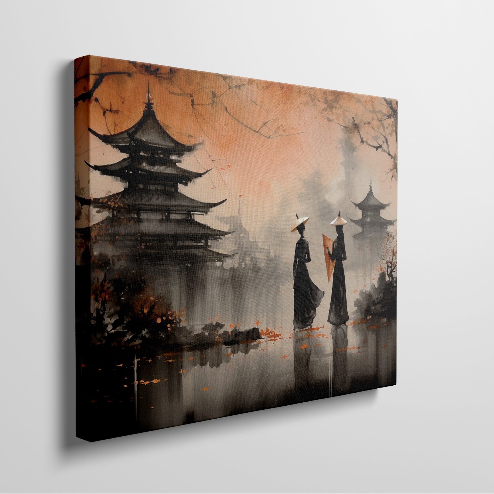 Framed canvas print of Oriental landscape with autumn pagodas and figures in traditional attire