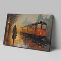 Framed canvas print of an abstract evening train station scene with golden hues and a glowing train