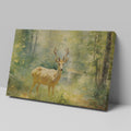 Framed canvas print of an Impressionist-style painting depicting a deer in a luminous, green forest