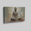 Framed canvas print of Buddha in meditation with abstract background and floral accents