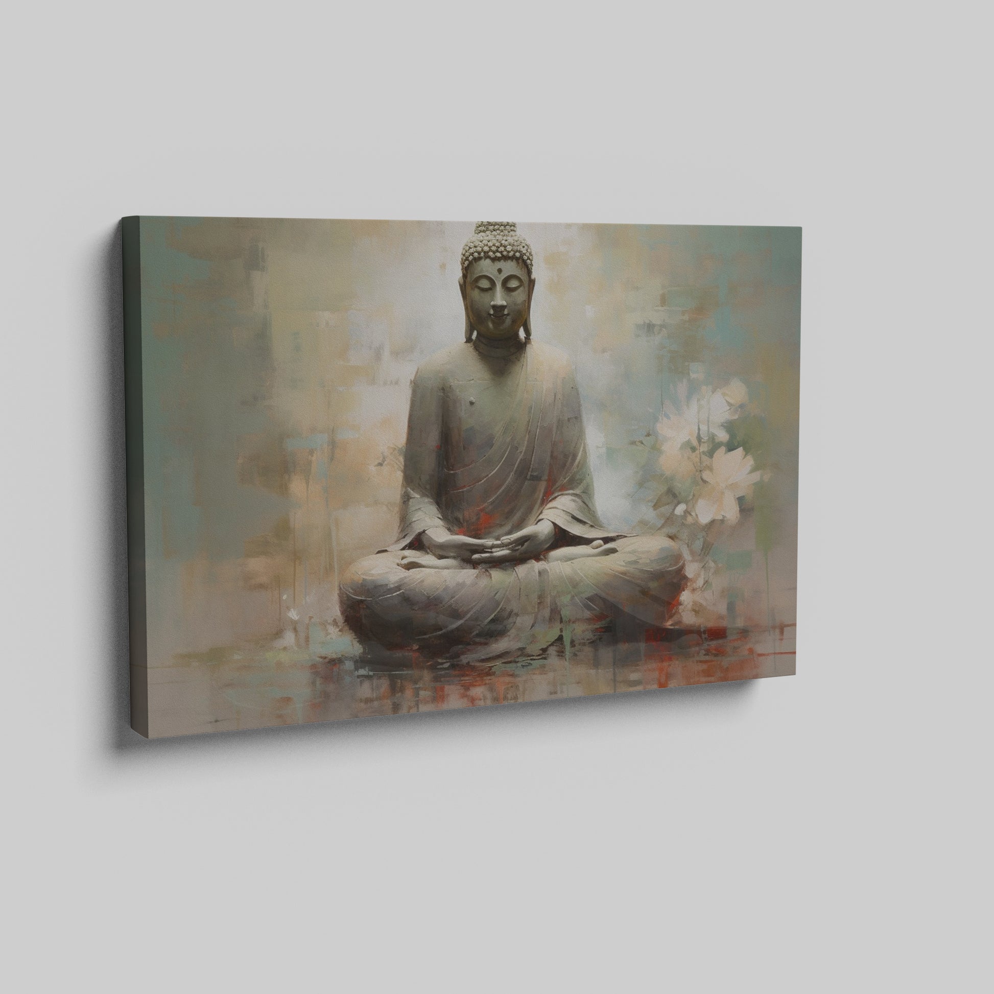 Framed canvas print of Buddha in meditation with abstract background and floral accents