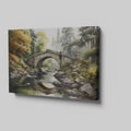 Framed canvas print of a tranquil autumnal scene featuring a rustic stone bridge over a serene river with lush forest in the background