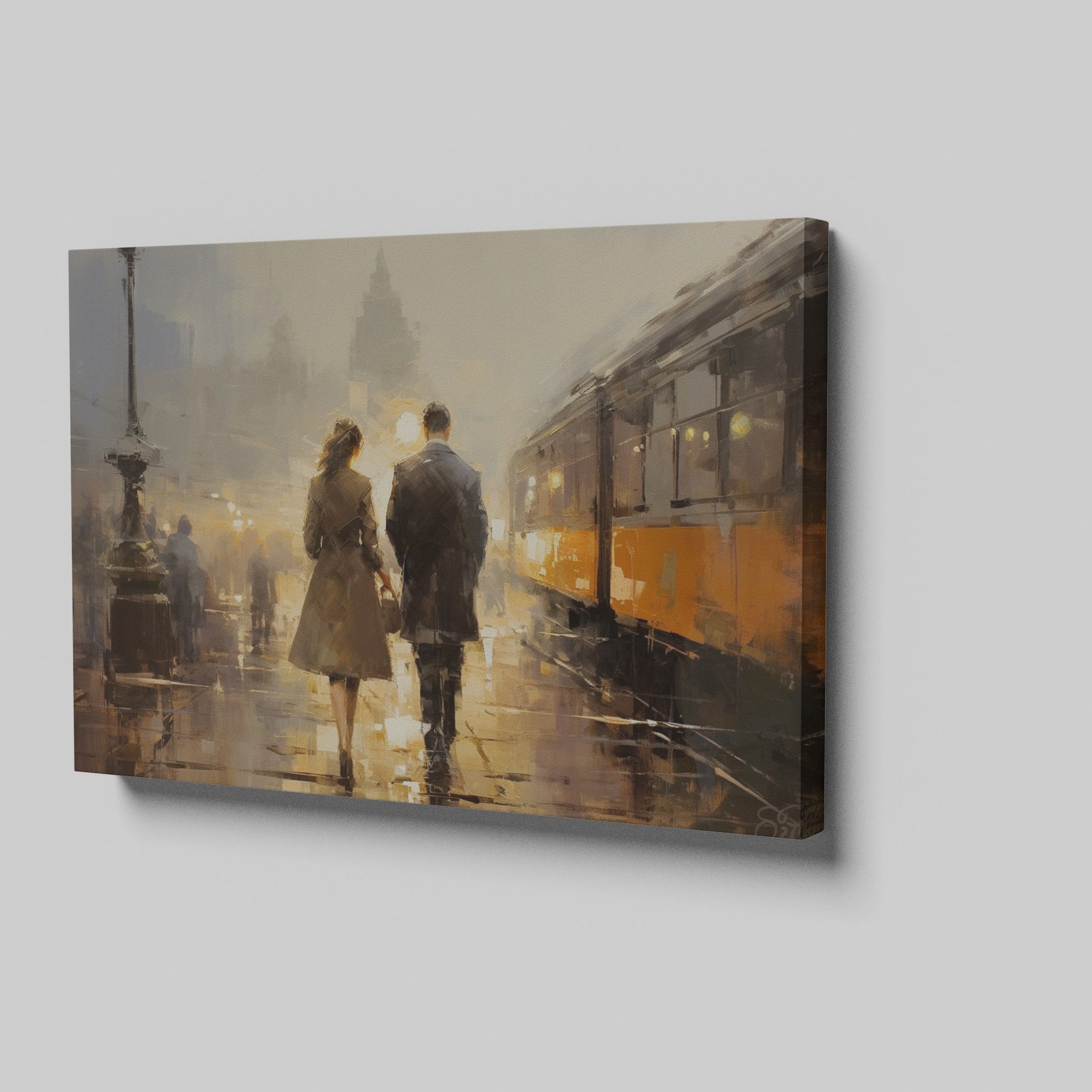 Framed canvas print of a couple's evening city walk with reflections and warm light tones