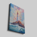 Framed canvas print of an impressionist lighthouse with vivid colours and dynamic sea waves