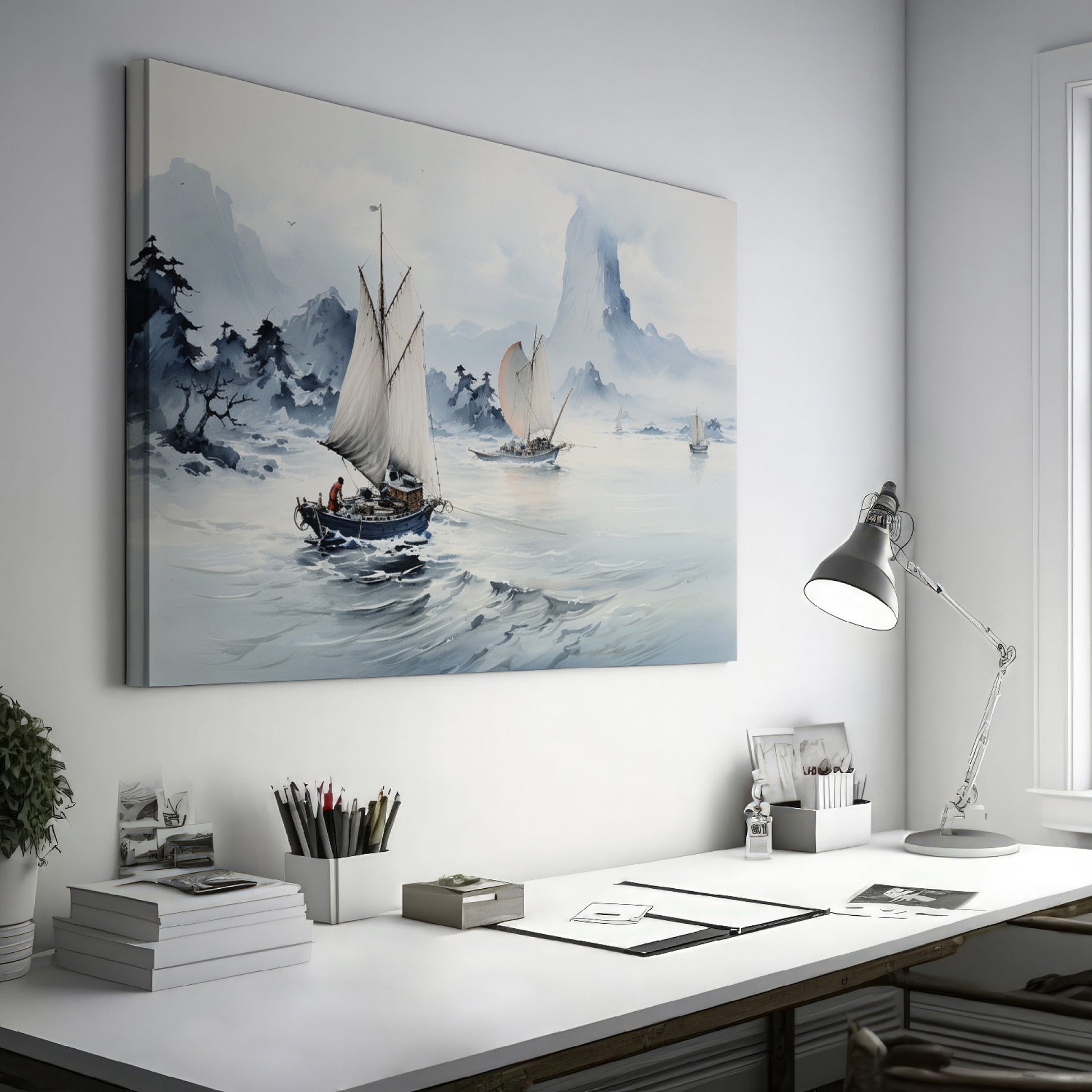 Framed canvas print of serene Oriental sailboats in watercolour with misty mountains and calm sea