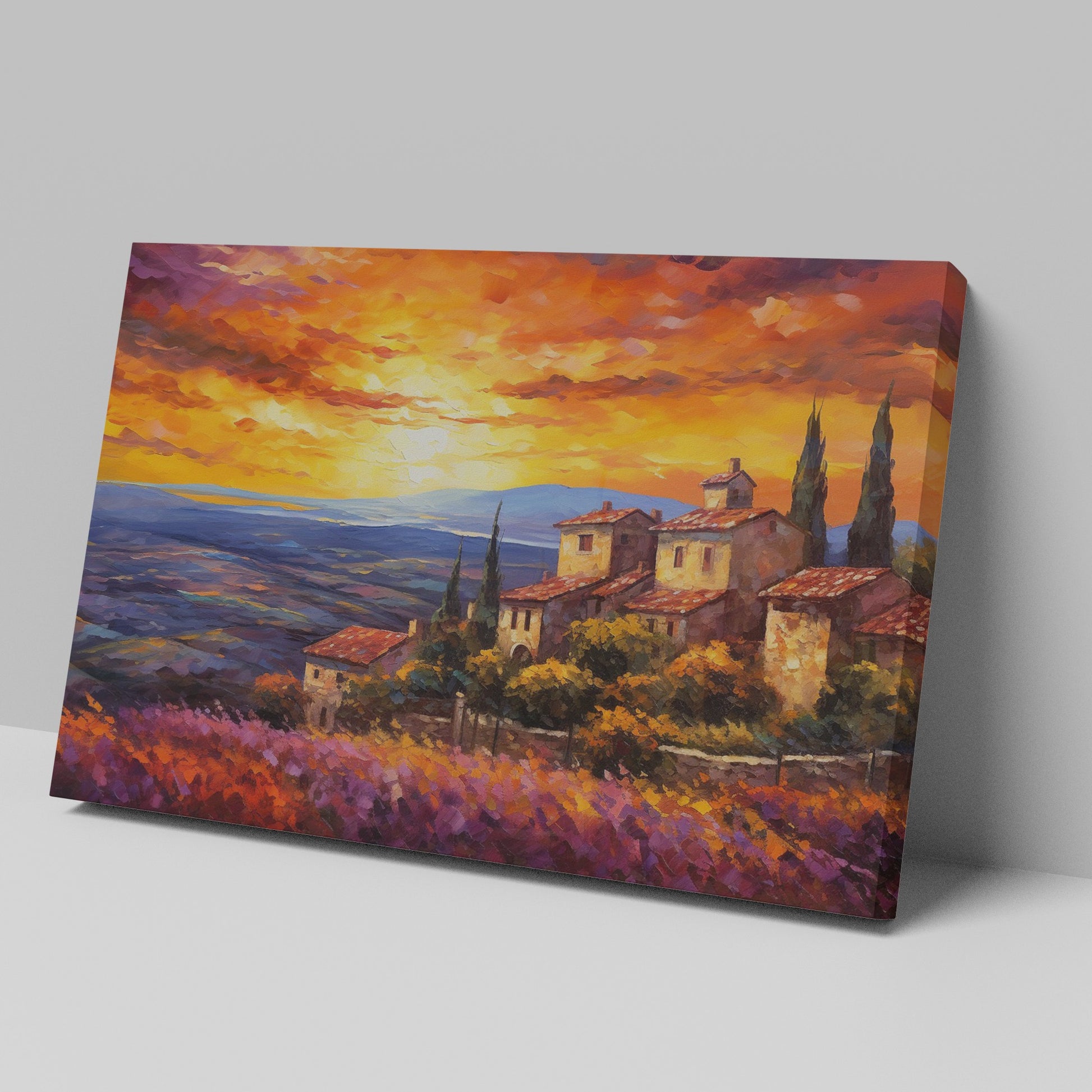 Framed canvas print of an Impressionist Tuscan landscape with a vibrant sunset sky, overlooking lavender fields and rustic houses.