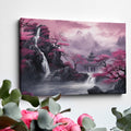 Framed canvas print of a misty oriental landscape with cherry blossoms and pagoda