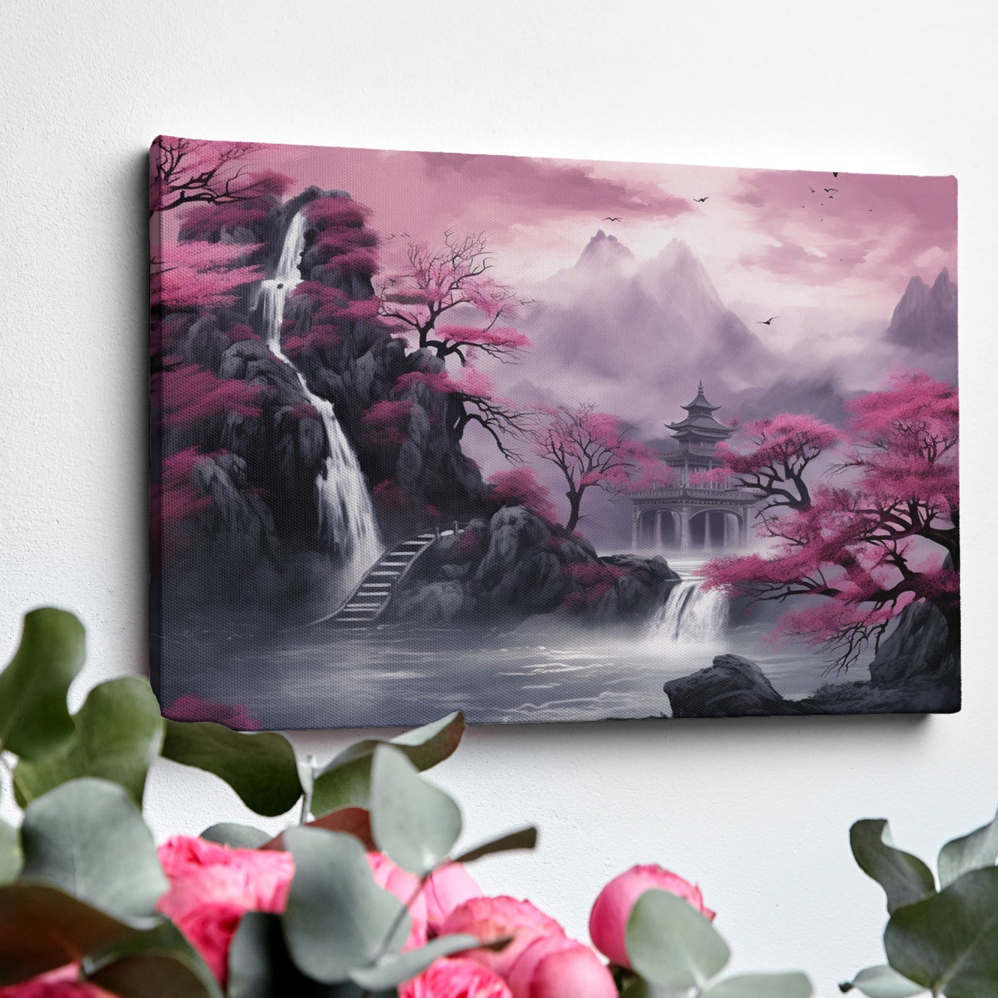 Framed canvas print of a misty oriental landscape with cherry blossoms and pagoda