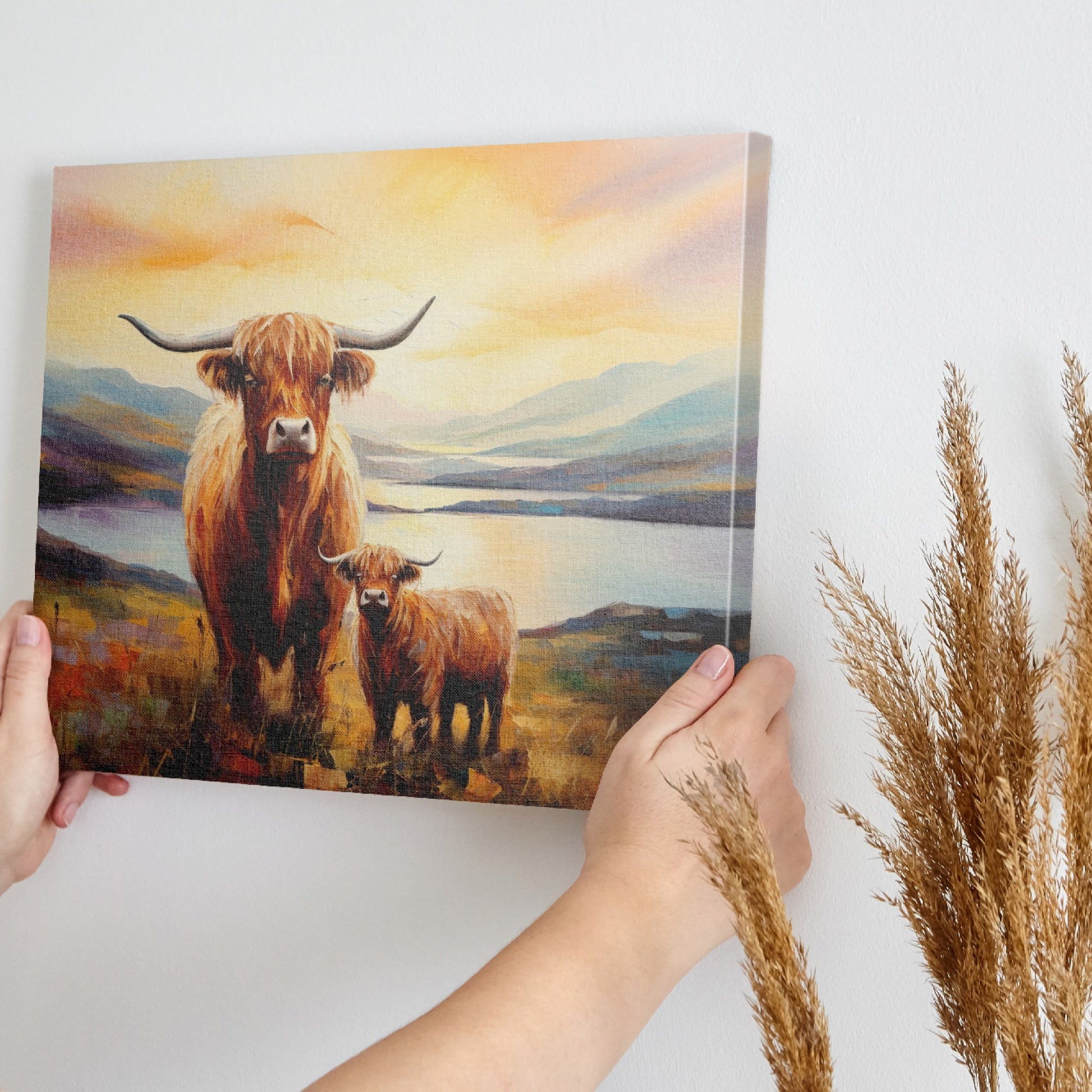 Framed canvas print of Highland cattle in a scenic landscape at sunset with warm hues