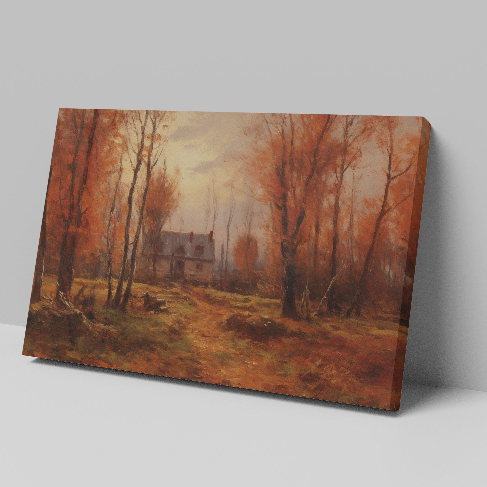 Framed canvas print of a traditional autumn forest landscape with a country house and warm red and brown tones