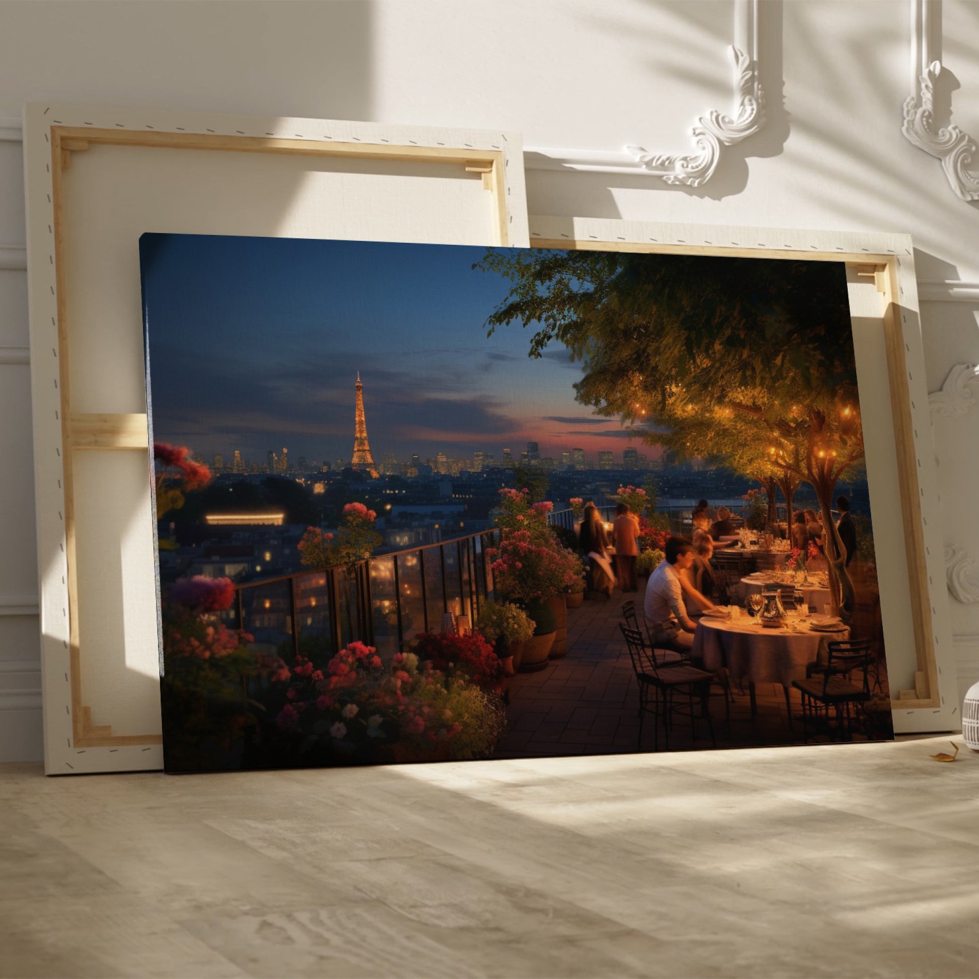 Framed canvas print of a romantic rooftop dining scene in Paris with Eiffel Tower in the background