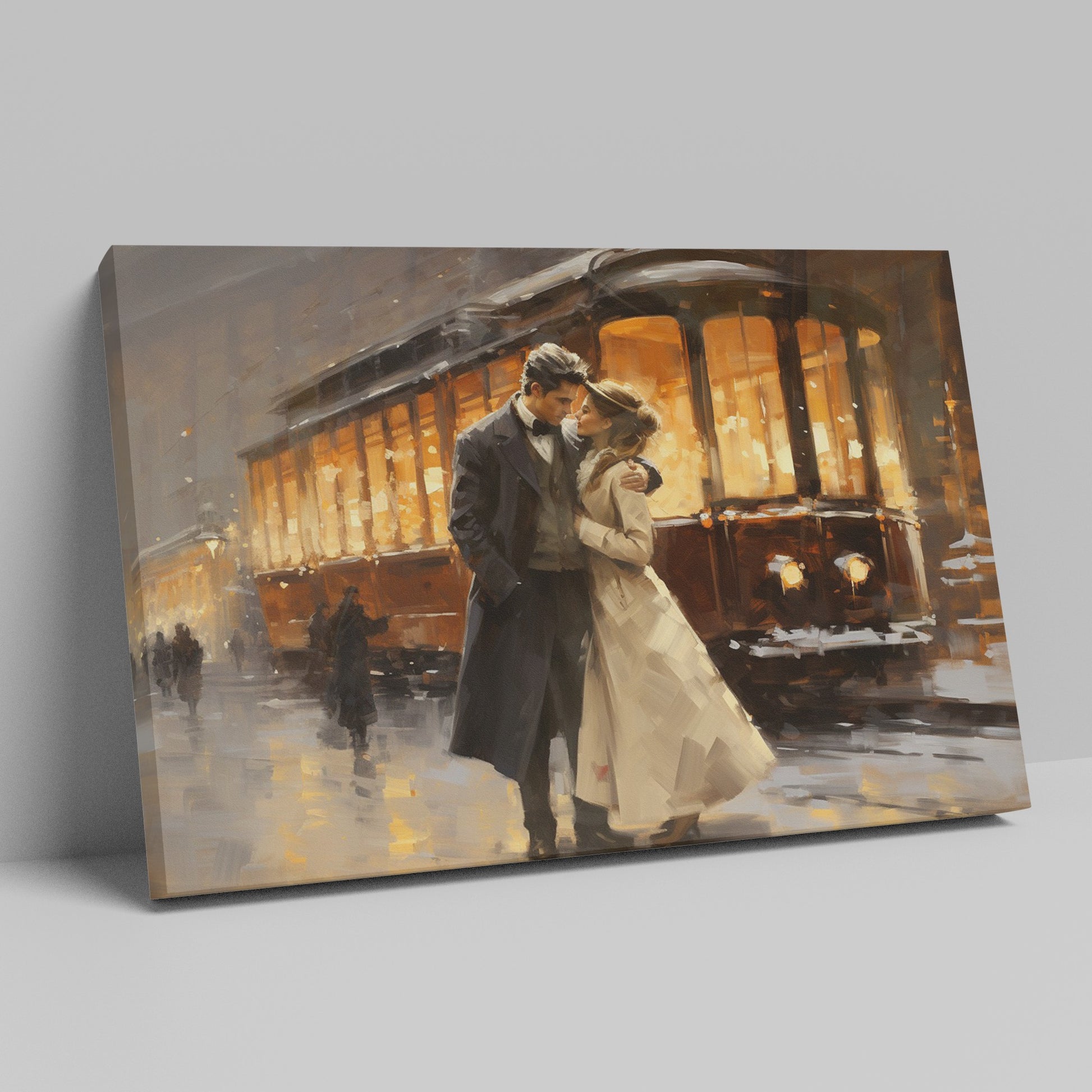 Framed canvas print of a romantic couple embracing on a snowy evening by a vintage streetcar