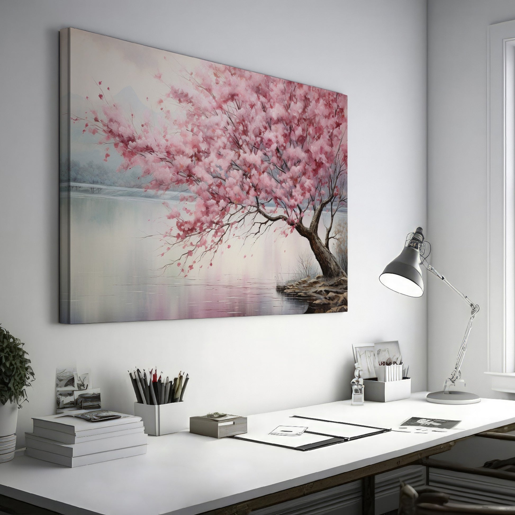 Framed canvas print of a serene cherry blossom tree by a tranquil lake with soft pastels and misty ambience