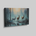 Framed canvas print of deer in a forest at sunrise with reflections in water, blue and orange tones