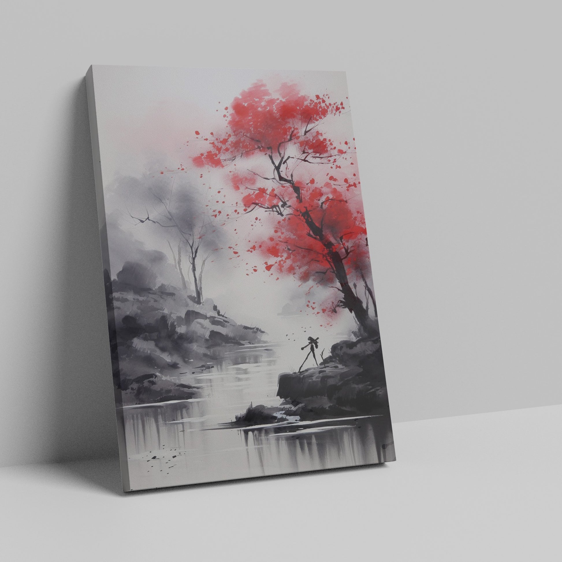 Framed canvas print of an ink wash painting featuring a bold red tree against a tranquil monochrome river landscape