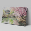 Watercolor painting of a Japanese garden with cherry blossoms, a pagoda, and a reflecting pond