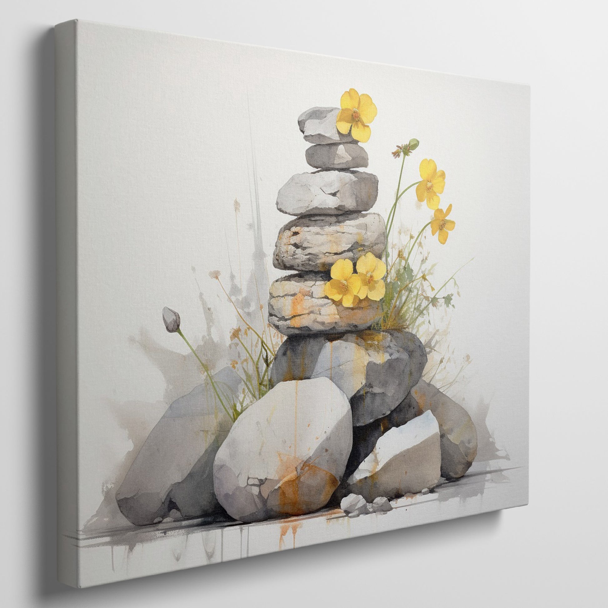 Framed canvas print of Zen stones balanced in watercolour with yellow flowers