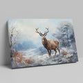 Framed canvas print of a majestic stag in a snowy wilderness, painted in impressionist style with a cool colour palette