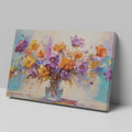 Framed canvas print of lively impressionist floral bouquet with vibrant purples, oranges, and yellows