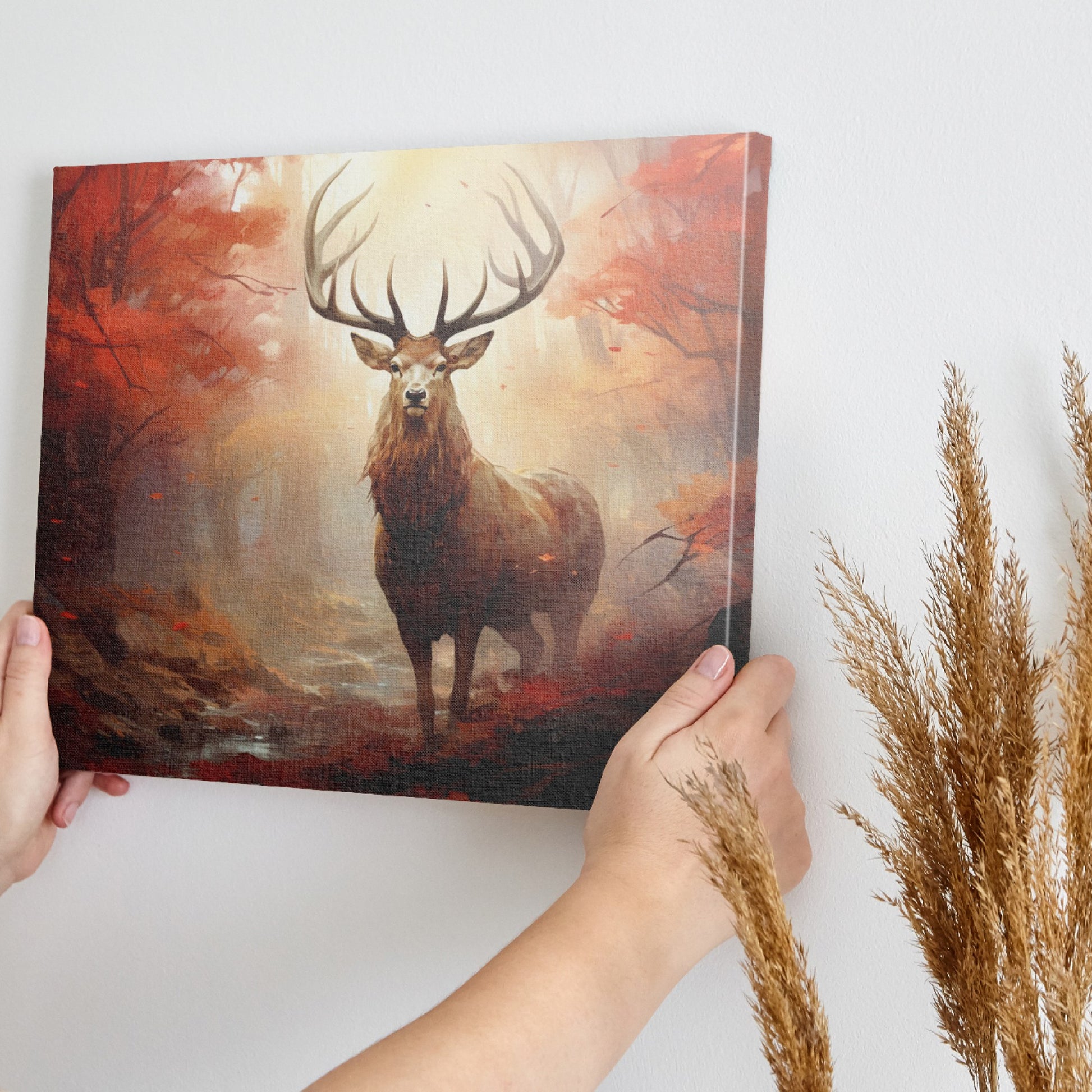 Framed canvas print of a majestic stag in an autumnal forest with red leaves