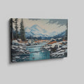 Framed canvas print of a serene mountain landscape with snow-covered peaks, a flowing river, and a forest in digital art style.