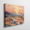 Framed canvas print of an impressionist painting depicting a desert sunset with warm colours