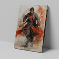 Framed canvas print of dynamic Samurai warrior in action with vibrant splashes of red and bold ink splatters