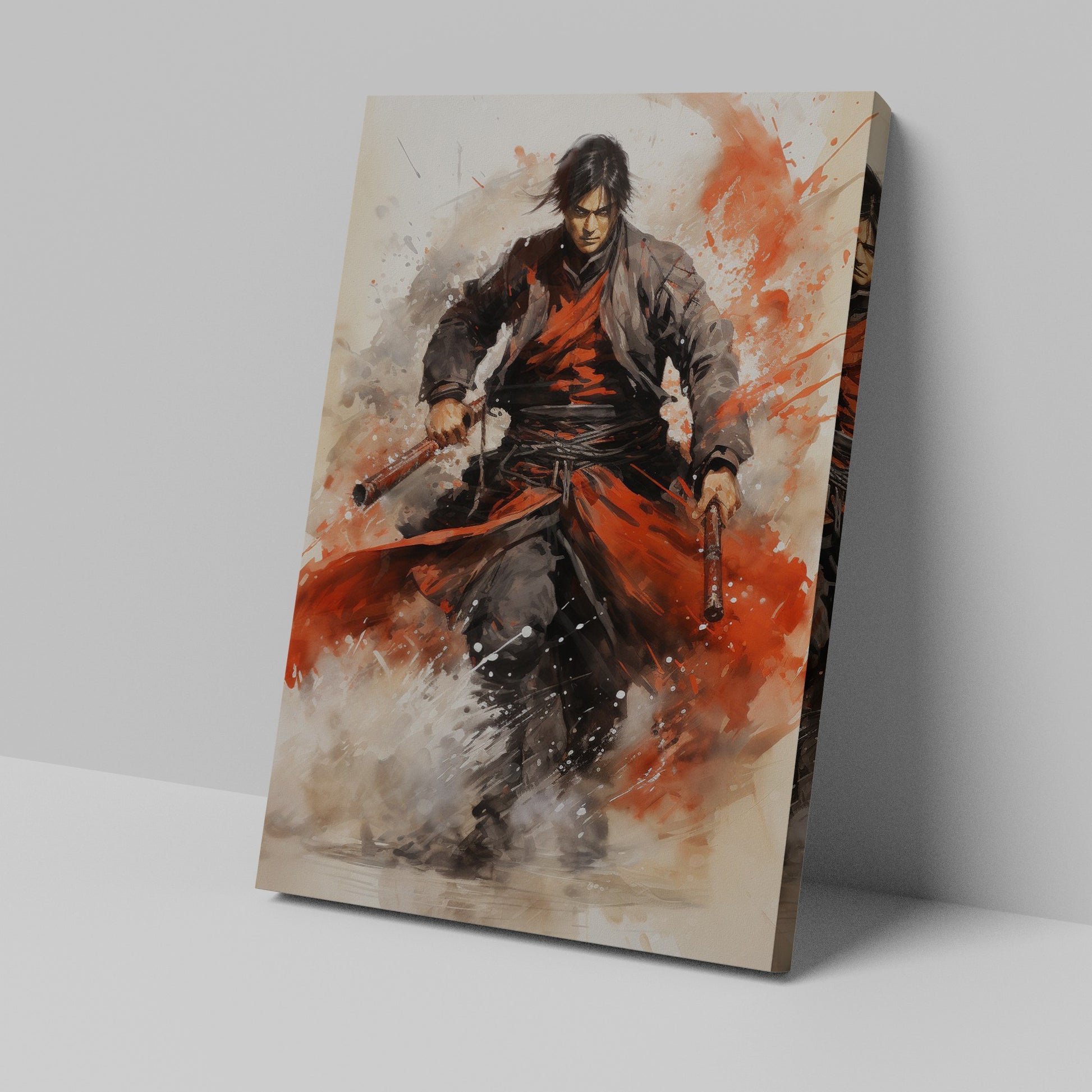 Framed canvas print of dynamic Samurai warrior in action with vibrant splashes of red and bold ink splatters