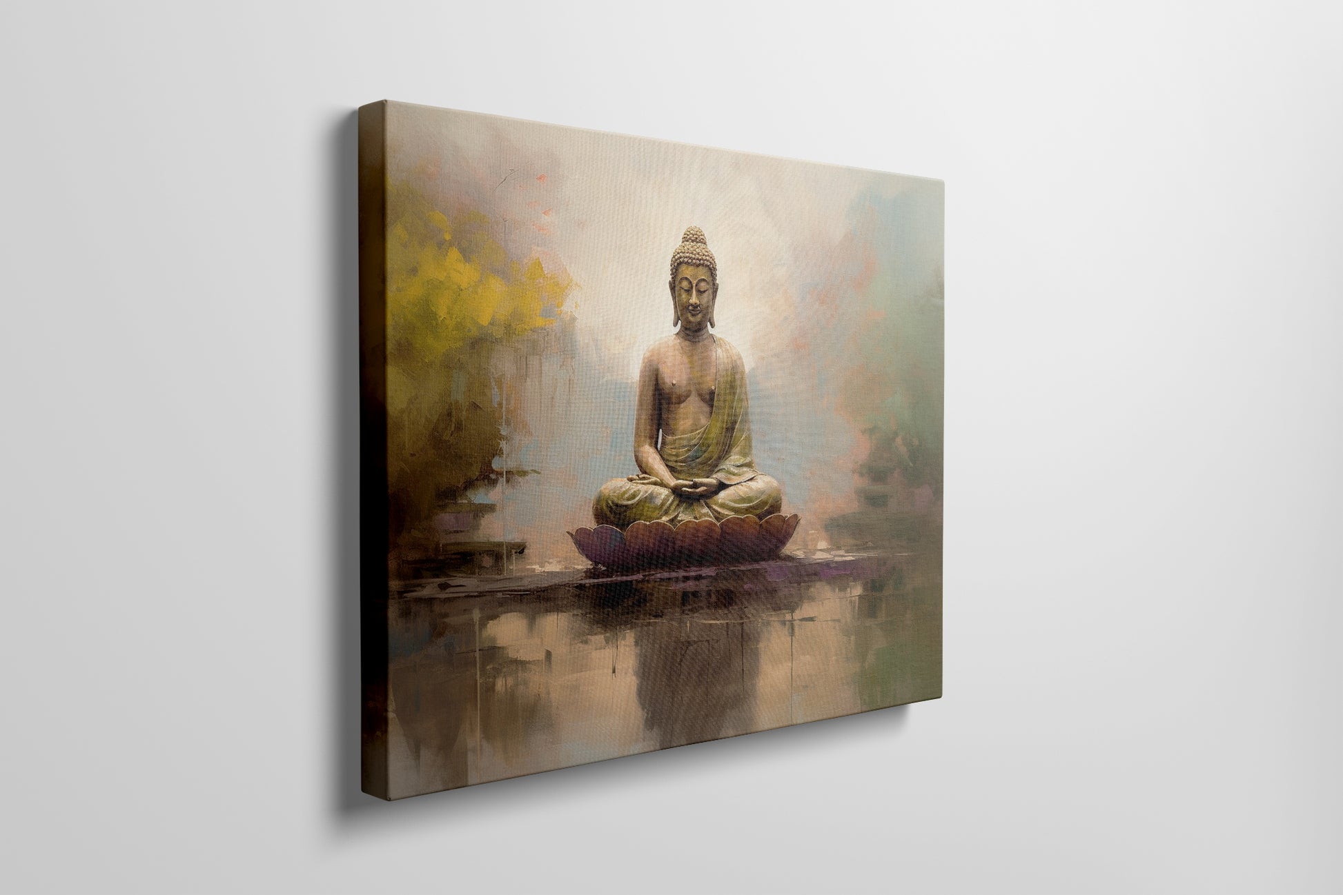 Framed canvas print of serene meditating Buddha in golden hues with reflective background