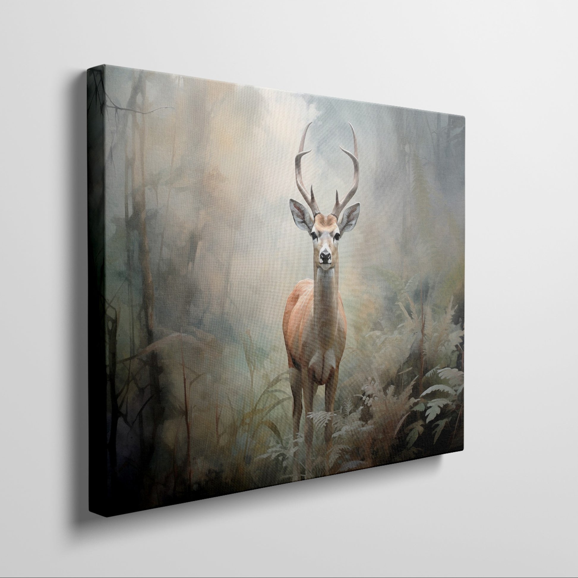 Framed canvas print of a majestic stag in a misty forest setting