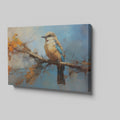 Framed canvas print of a vibrant impressionistic bird perched on a branch with abstract autumn background